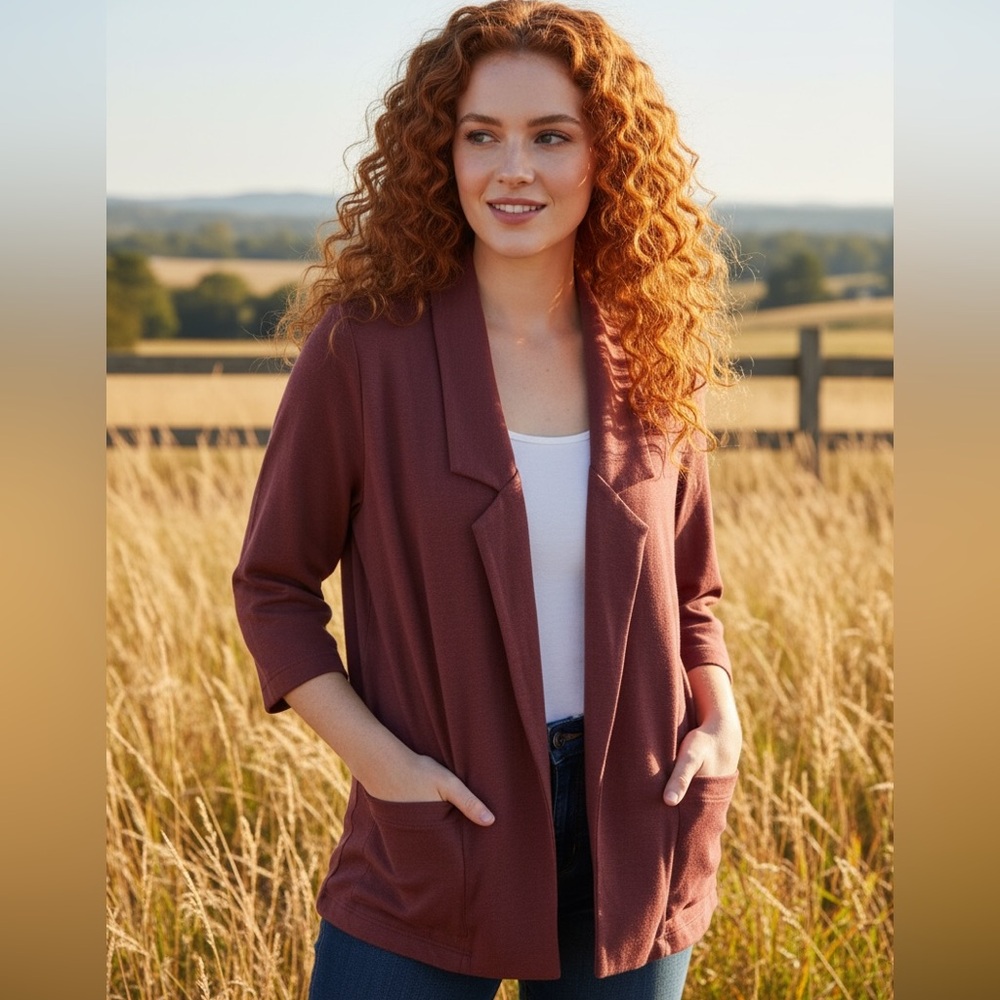 Annie 50 Brownish Burgundy 3/4 Sleeve Linen Blend Slouchy Blazer Size S